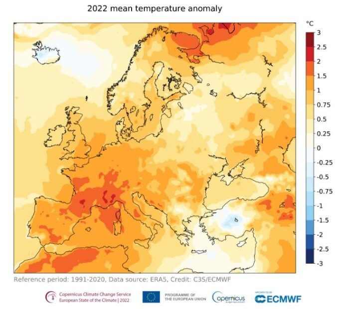 caldo, cartina dell'europa, ondata di calore 2022
