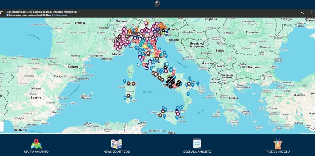 Mappatura amianto, immagine dall'App di ONA (1) Mappatura amianto, immagine dall'App di ONA