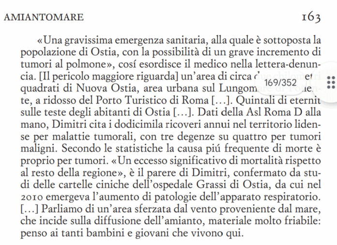 “Fino a due anni fa non sapevo nulla dell’amianto, solo che esisteva in molte zone di Roma e ovunque. Poi mi sono trovata a fare un sopralluogo per il mio libro su Ostia. Mi sono accorta che il problema è devastante. C’è una zona di due km quadrati prima del porto turistico con strutture ricoperte di amianto. Oltre ad essere palazzine pericolanti, contengono sabbia all’interno del cemento. Ciò le portano a sgretolarsi a distanza di sessanta anni, assieme al sale corrosivo. Crollano le palazzine con i pezzi di amianto. In questa zona, vivono moltissime famiglie. Per questo, ho fatto denuncia diretta alla Asl che mi ha risposto solo dopo un anno. Alla fine per non impazzire, ho deciso di creare un personaggio, Rocco anestesista ossessionato dal problema dell’amianto. L’idea, mi è venuta da un’intervista che avevo letto sul Corriere della Sera a un urologo Mauro Dimitri. Questo medico denuncia altre forme tumorali purtroppo correlate all’asbesto. Sono rimasta devastata da tale realtà, negli occhi di Rocco”.
